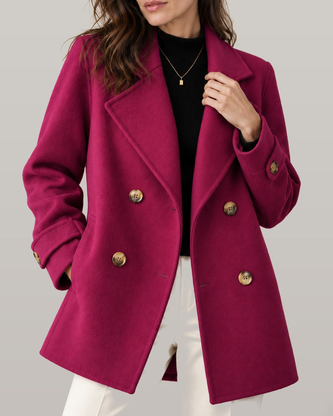 Tiara double-breasted coat in red, close-up detail