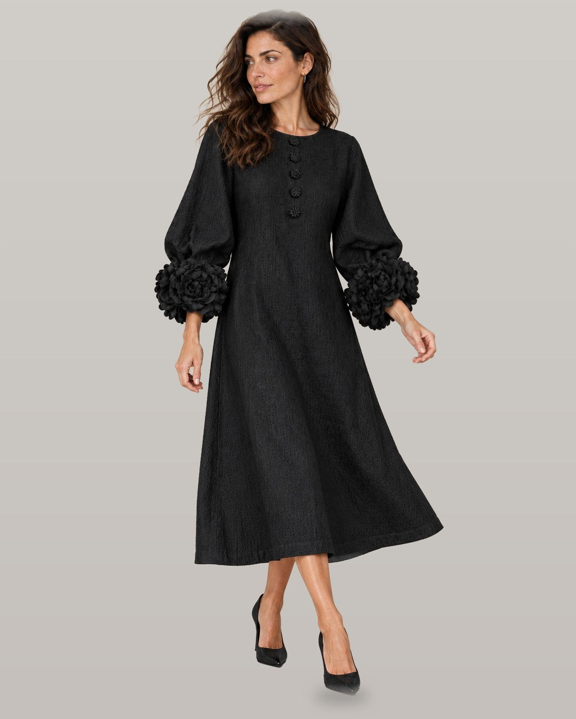 Midi dress with rose-cuff sleeves in black, full-length view