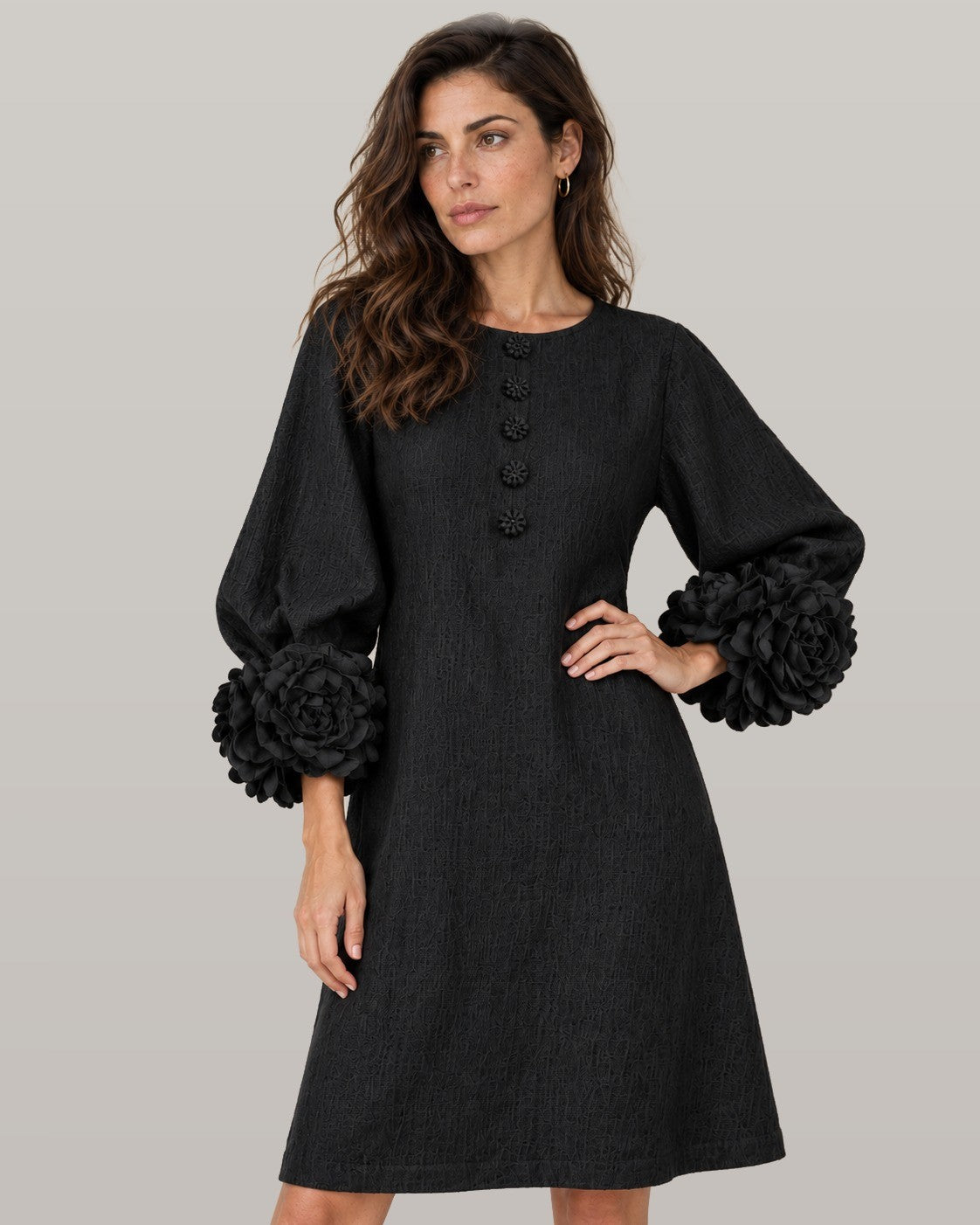 Midi dress with rose-cuff sleeves in black, front view