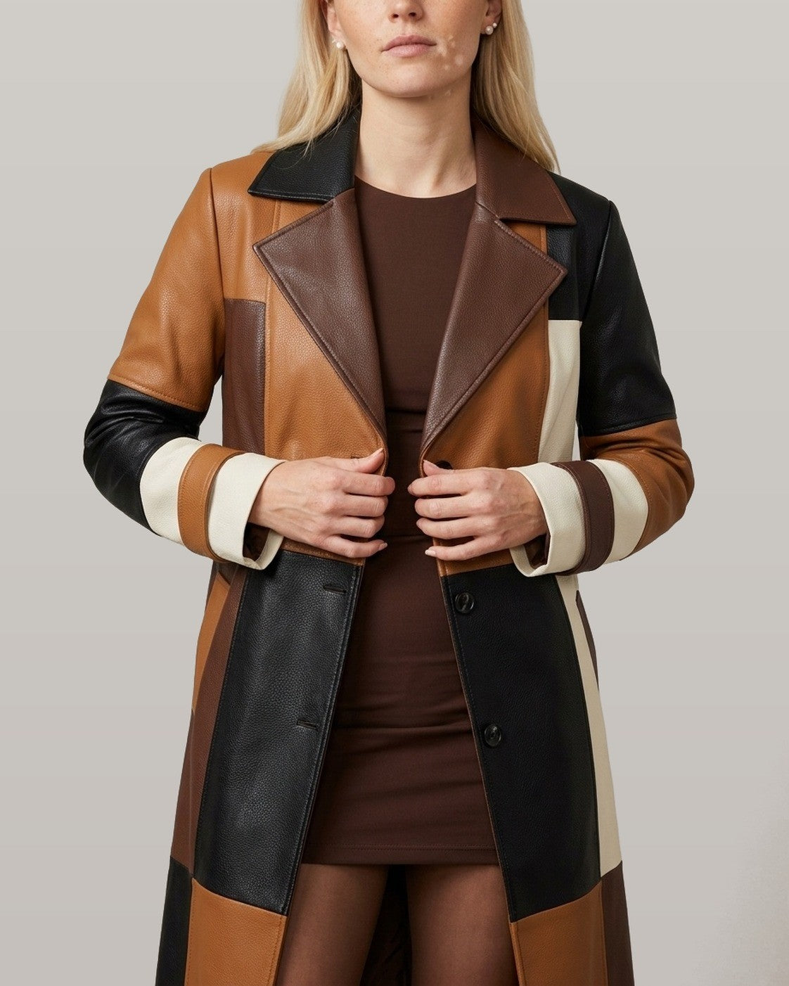 Patchwork Faux Leather Trench Coat