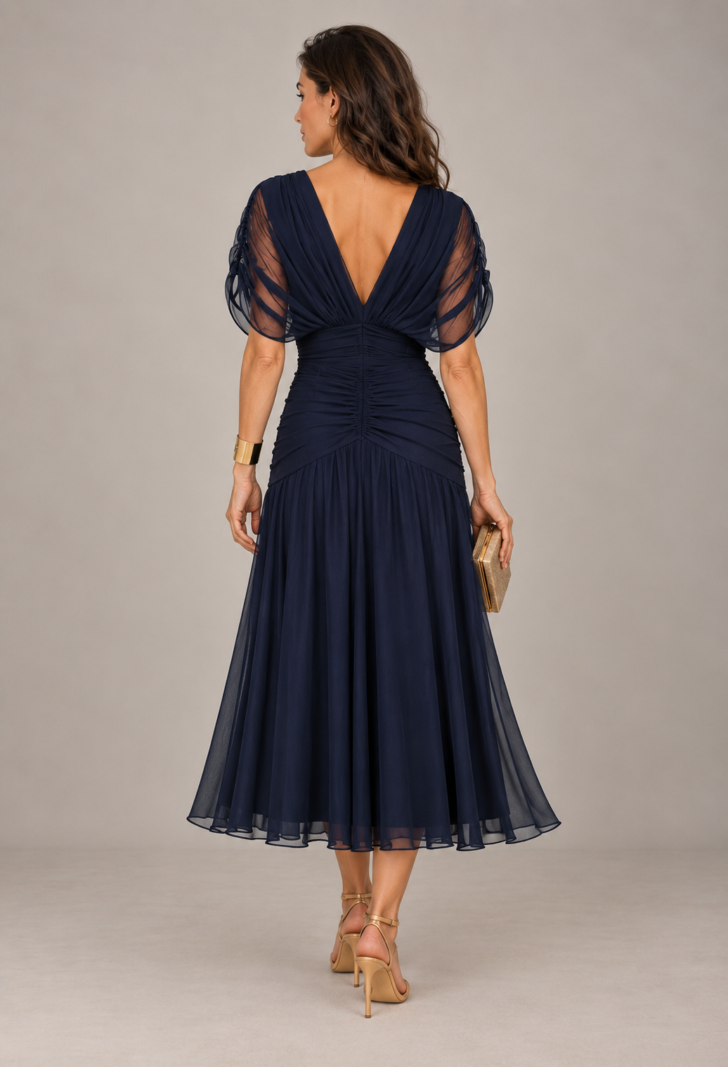 Willow navy midi dress, back view with deep V back