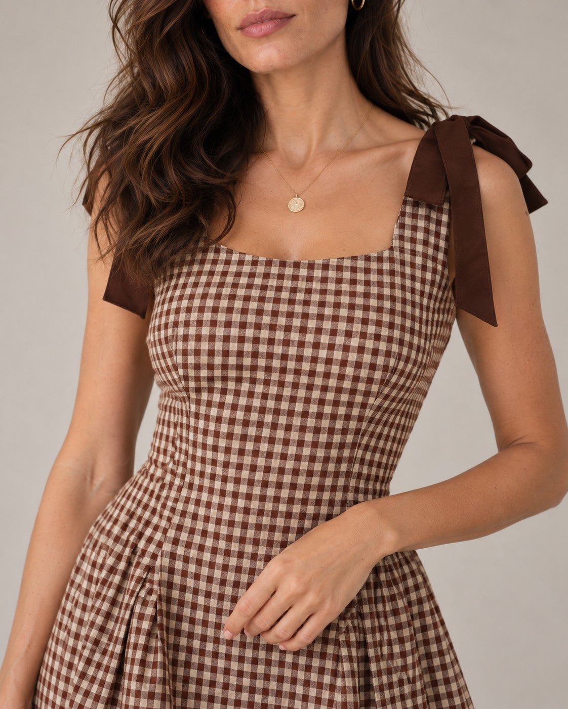Brown Sleeveless Shirred Plaid Midi Dress