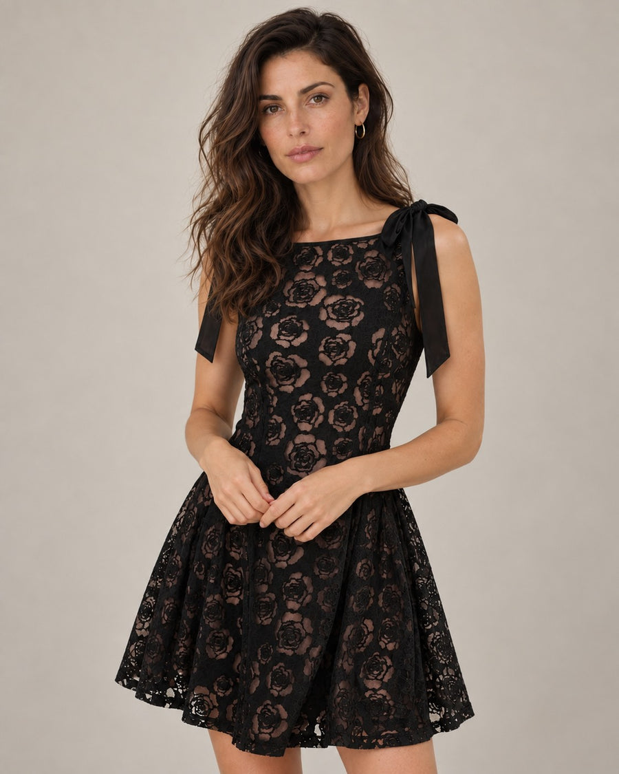 Black Boat Neck Jacquard Mini Dress