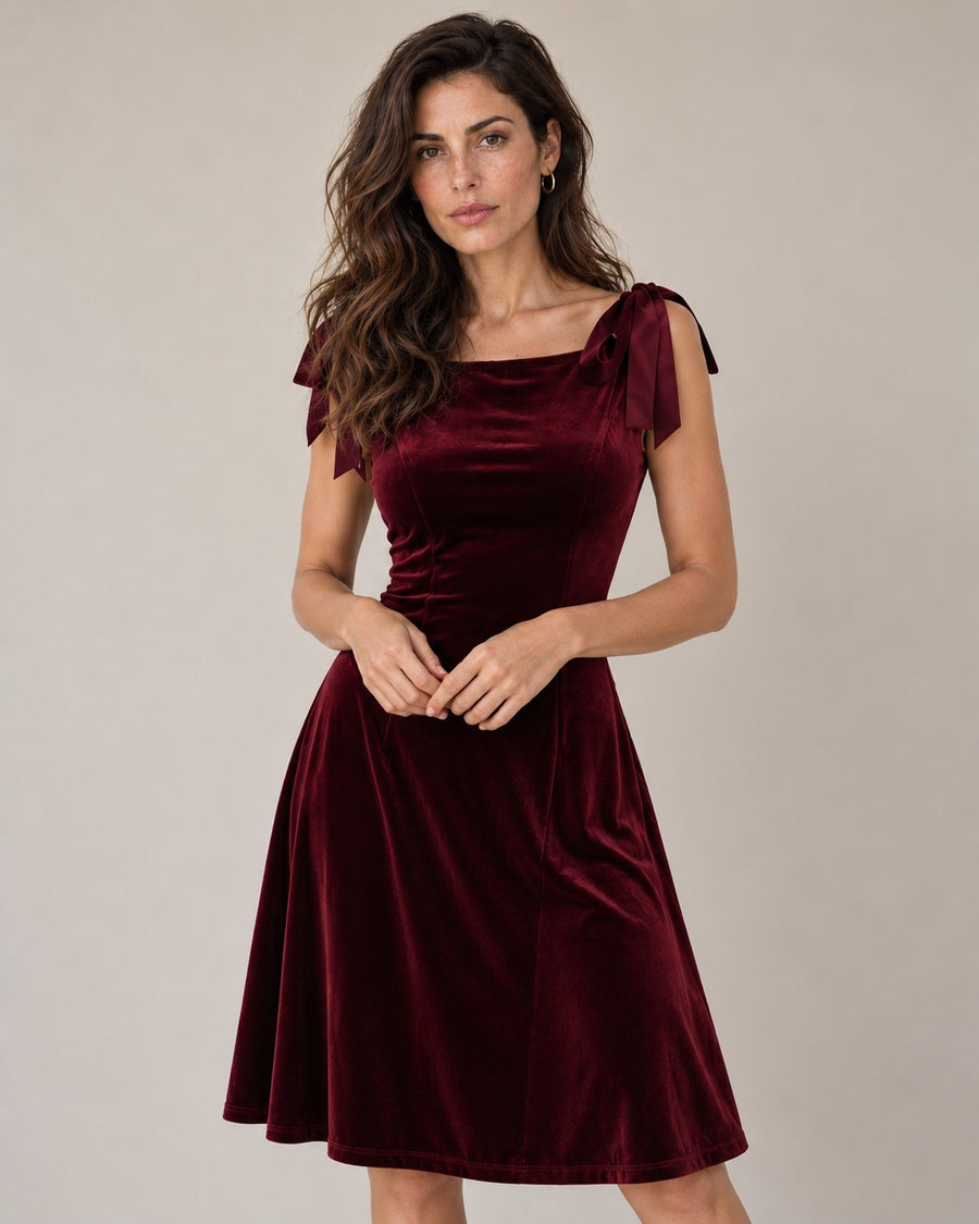 Red Boat Neck Sleeveless Velour Midi Dress
