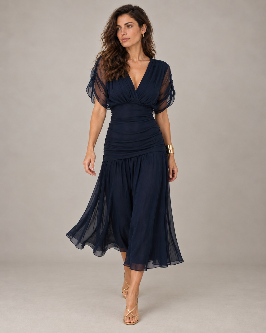 Willow navy pleated chiffon midi dress, front view
