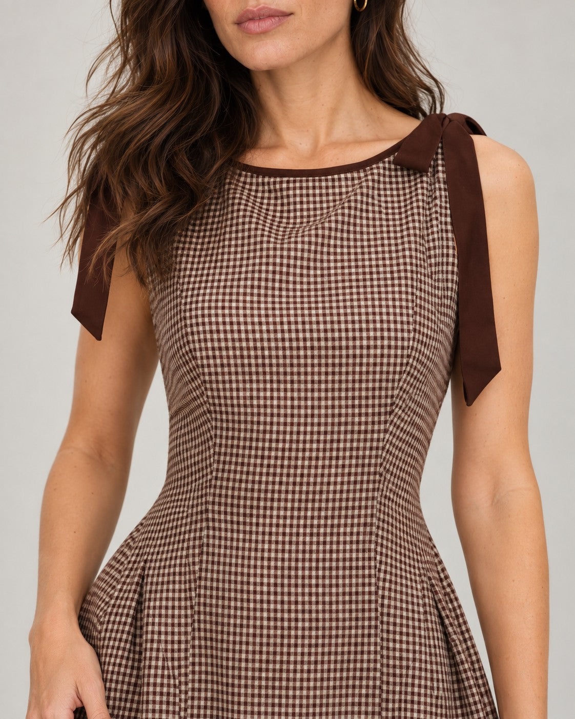 Brown Gingham Tie Strap Mini Dress