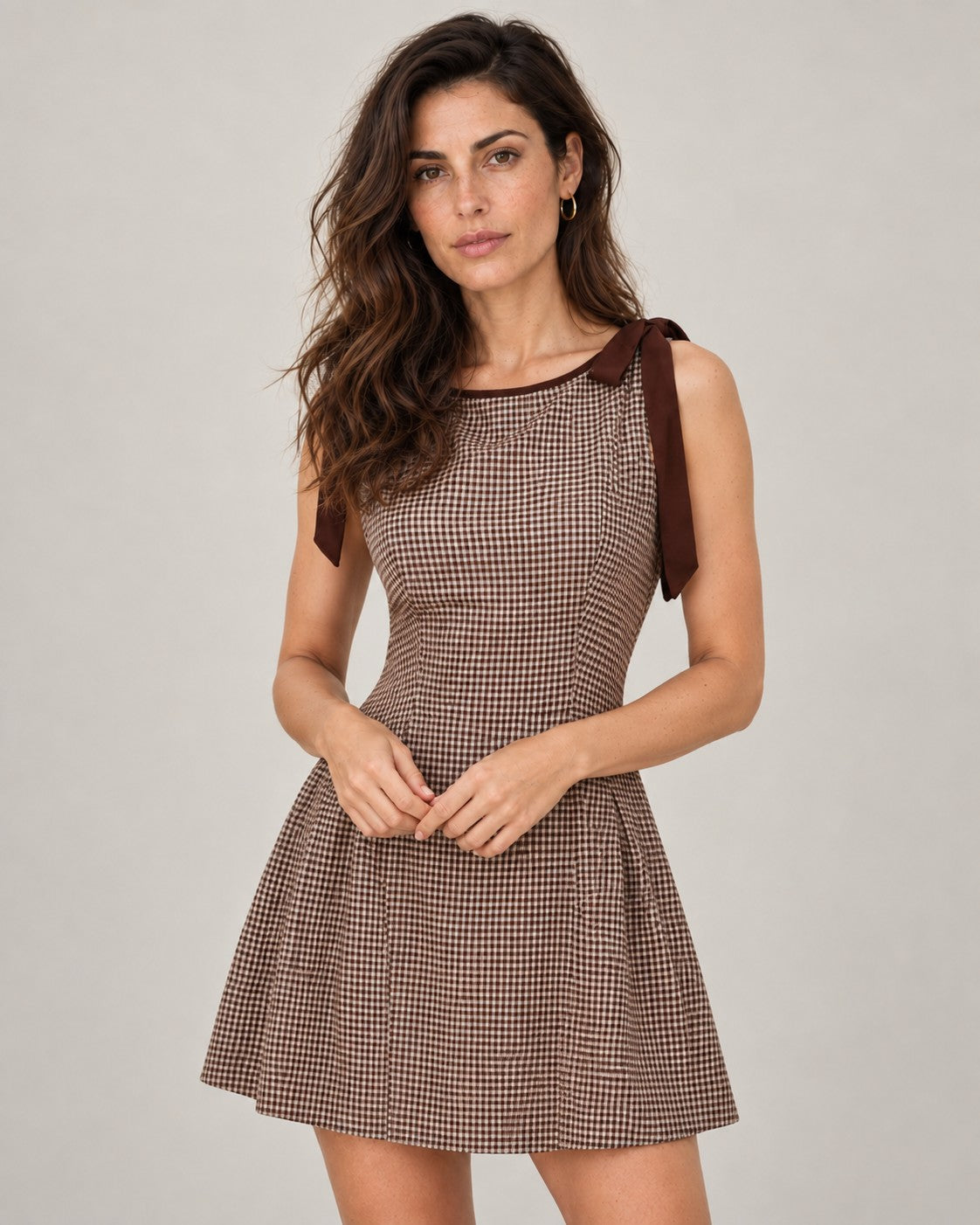 Brown Gingham Tie Strap Mini Dress
