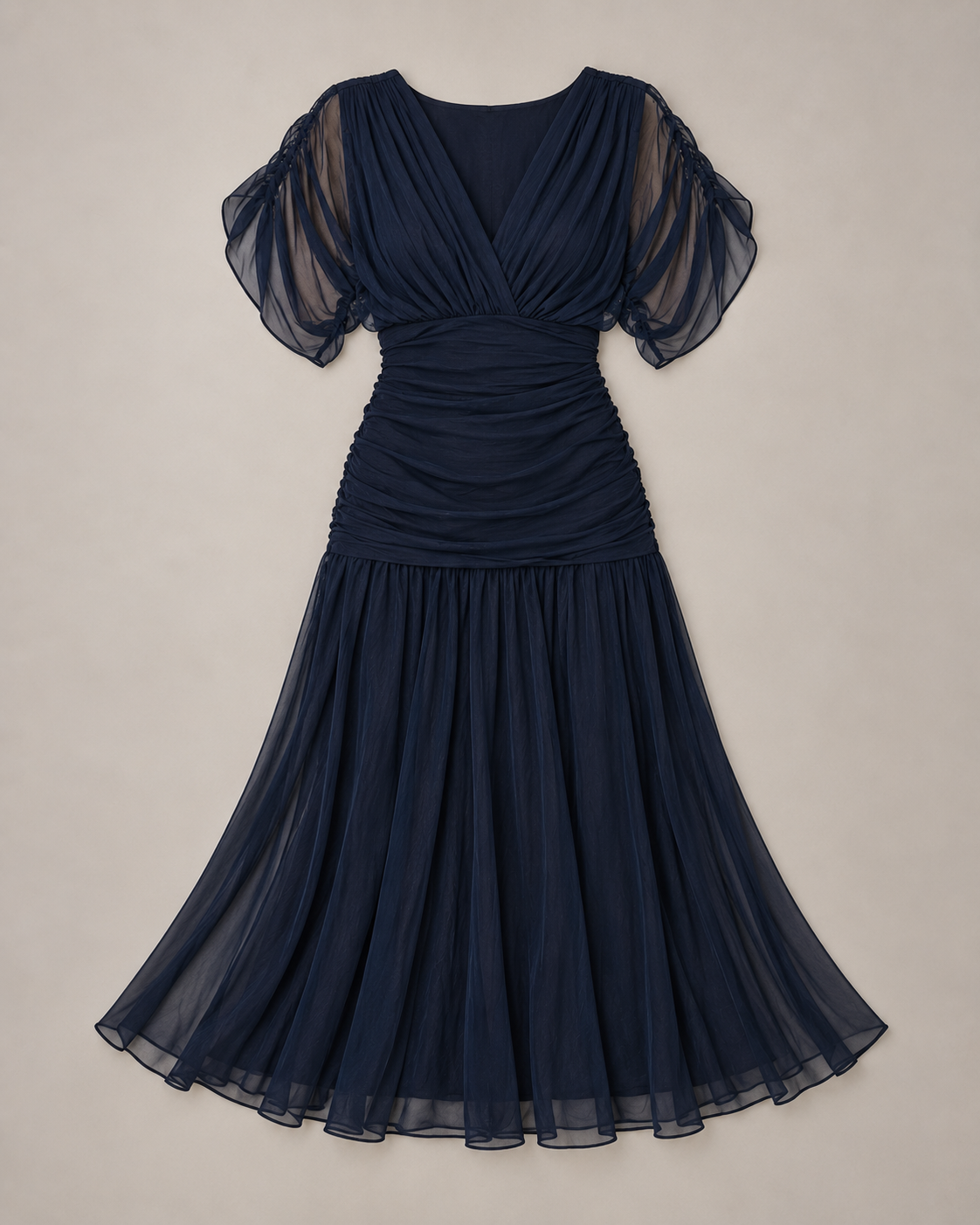 Willow navy pleated chiffon midi dress, flat lay