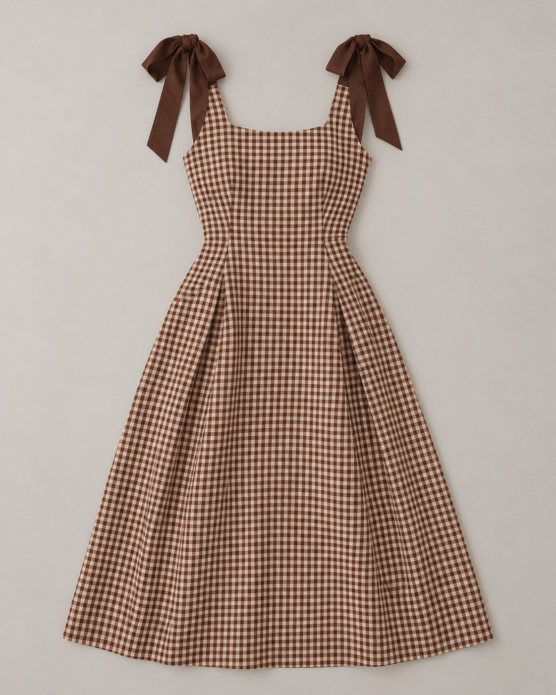 Brown Sleeveless Shirred Plaid Midi Dress