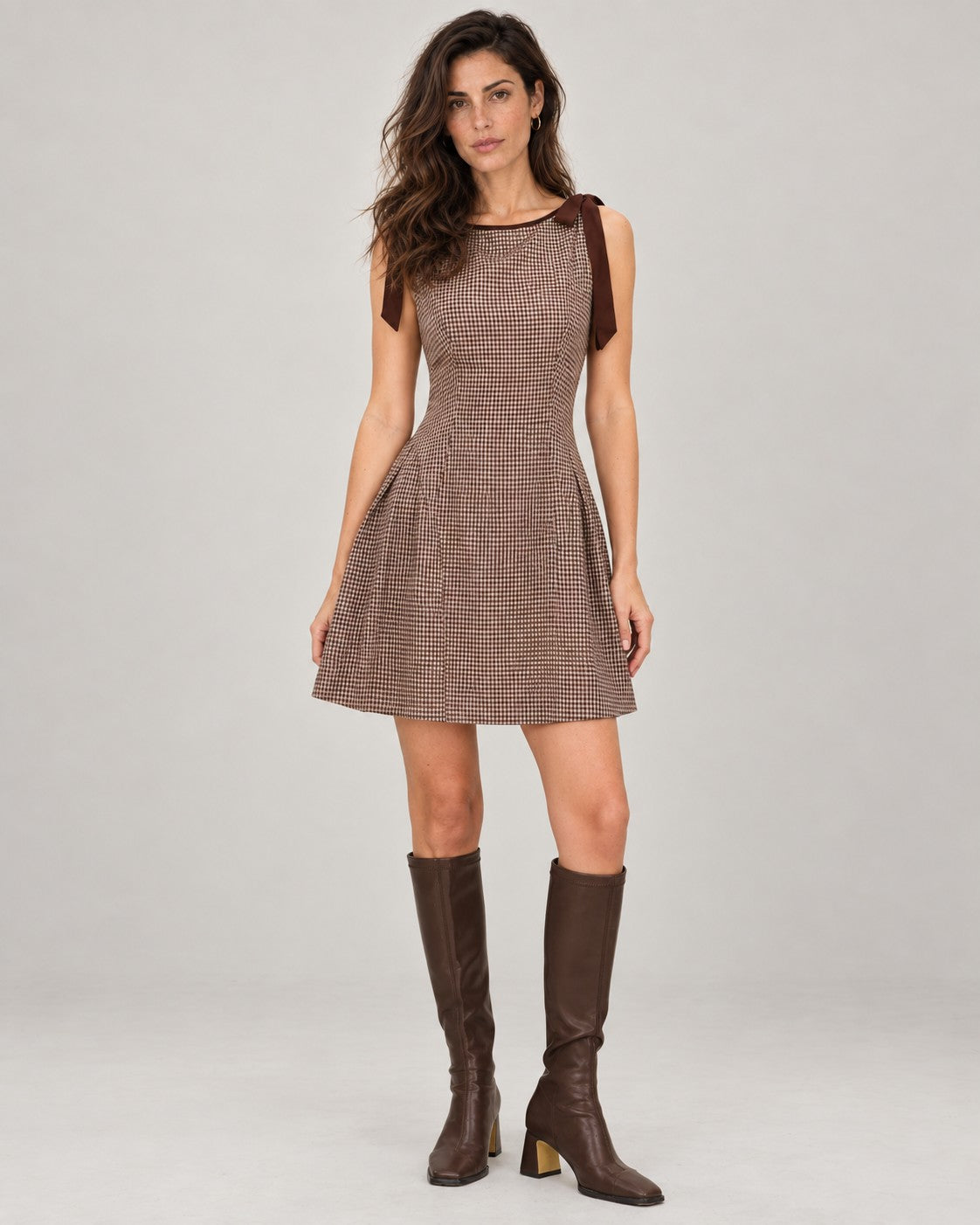 Brown Gingham Tie Strap Mini Dress
