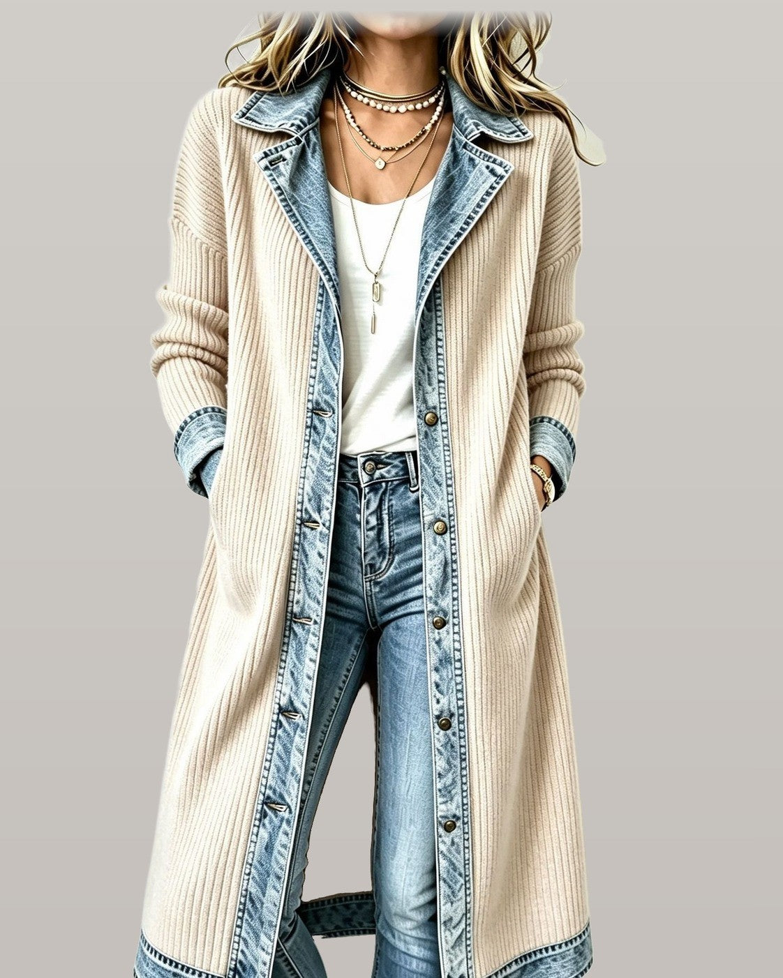 Riley Denim Trim Long-Line Knit Cardigan