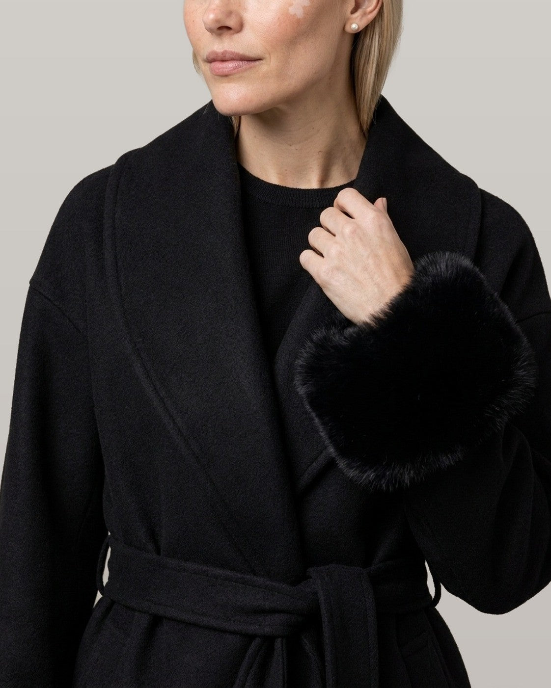 Belted Wrap Coat with Faux Fur Cuffs