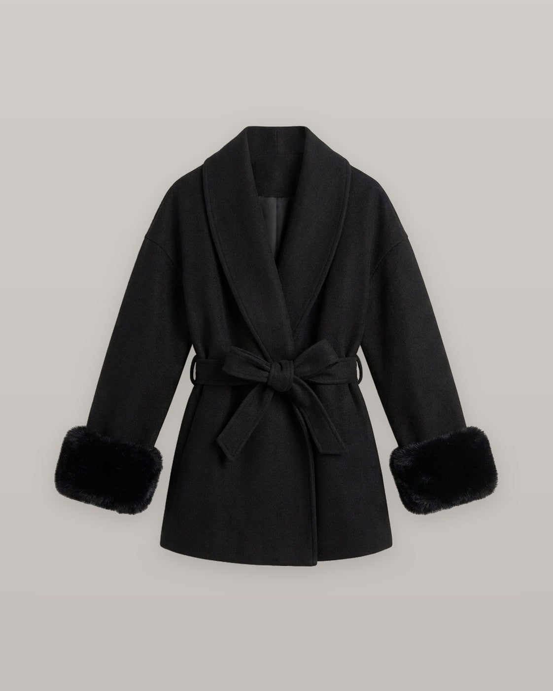 Belted Wrap Coat with Faux Fur Cuffs
