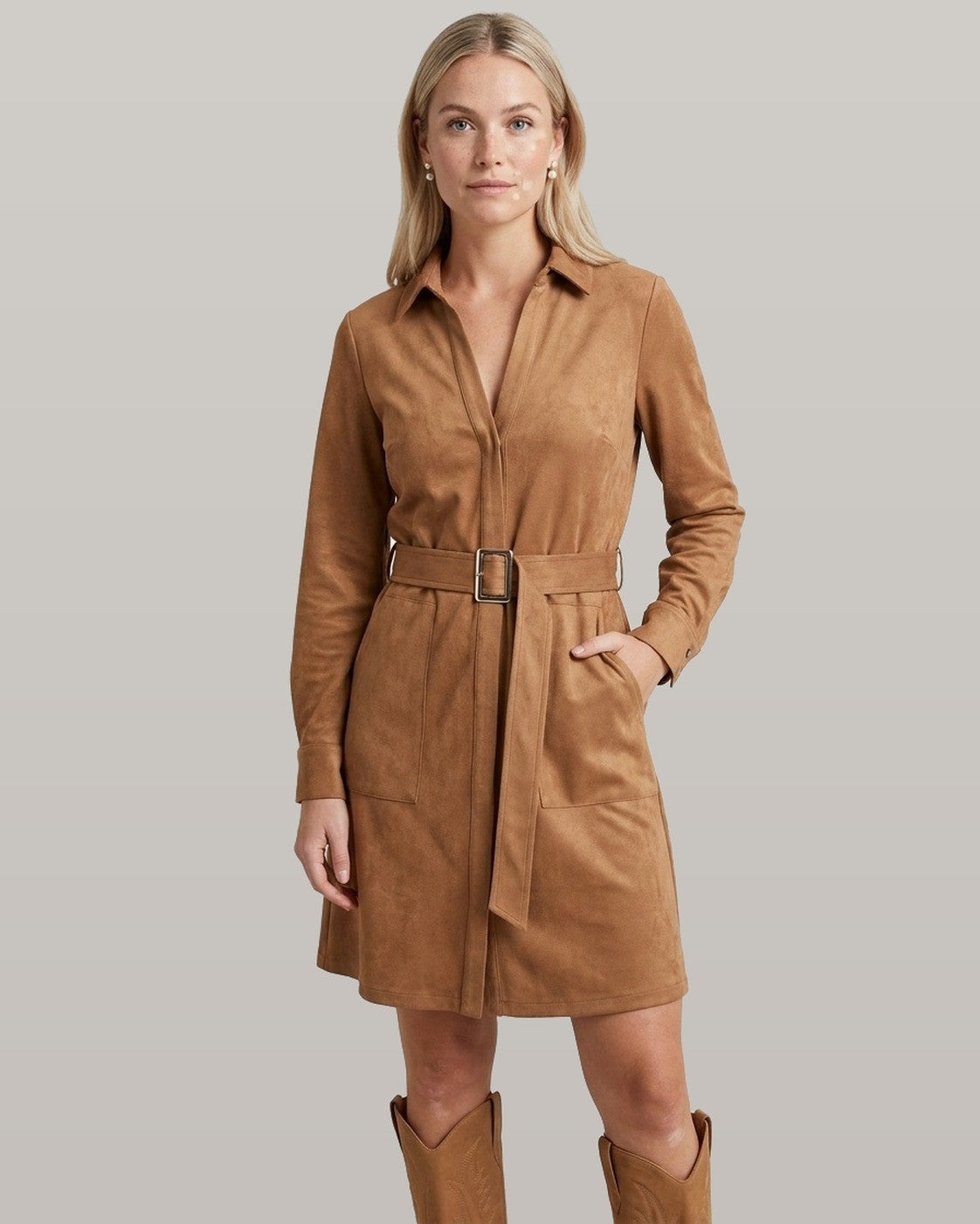 Belted Faux Suede Shirt Dress