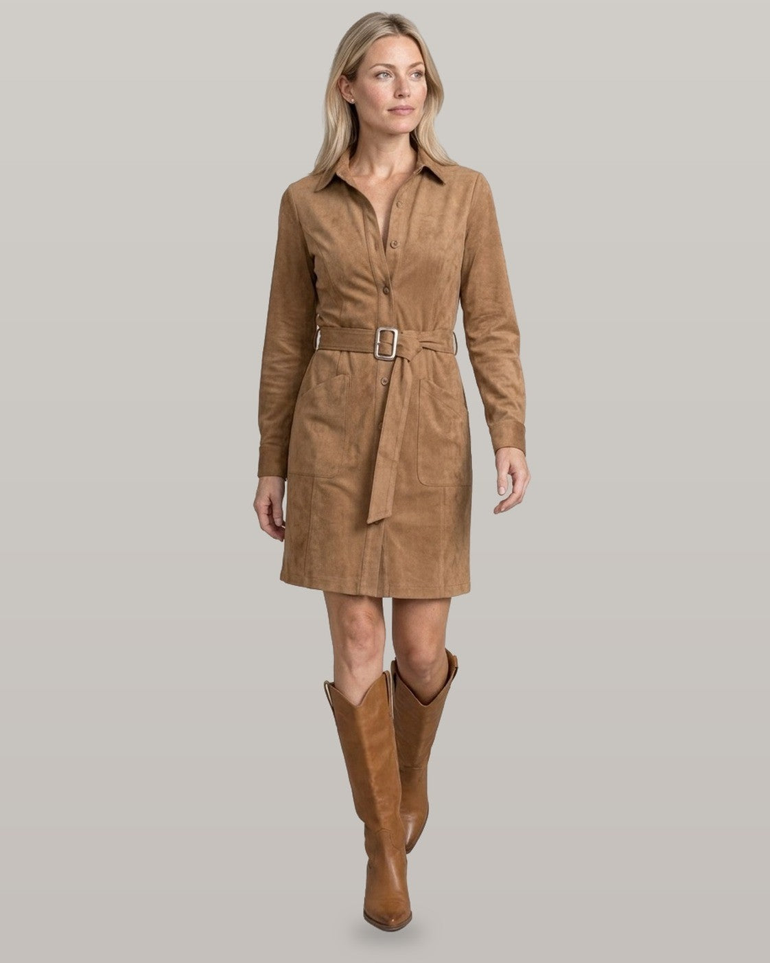 Belted Faux Suede Shirt Dress