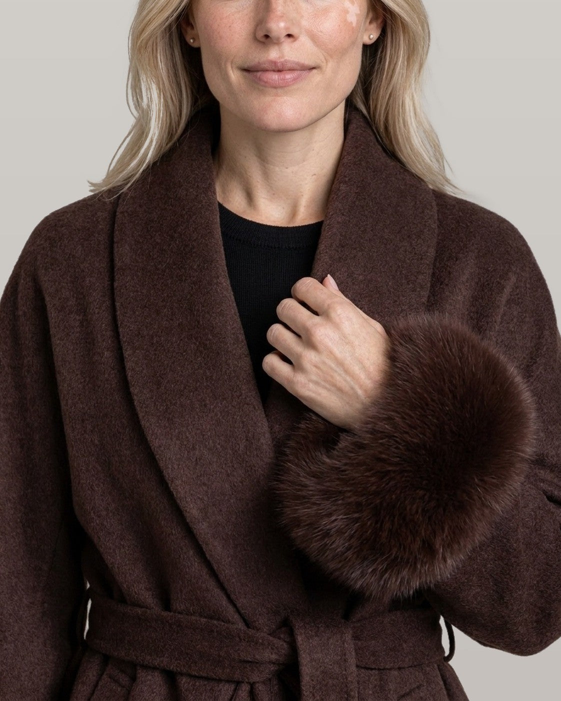 Belted Wrap Coat with Faux Fur Cuffs