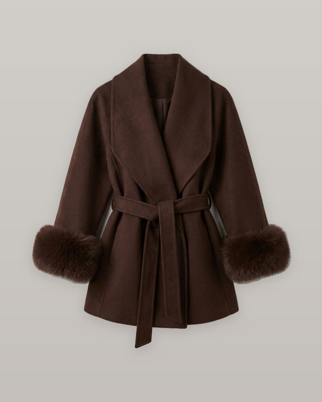 Belted Wrap Coat with Faux Fur Cuffs