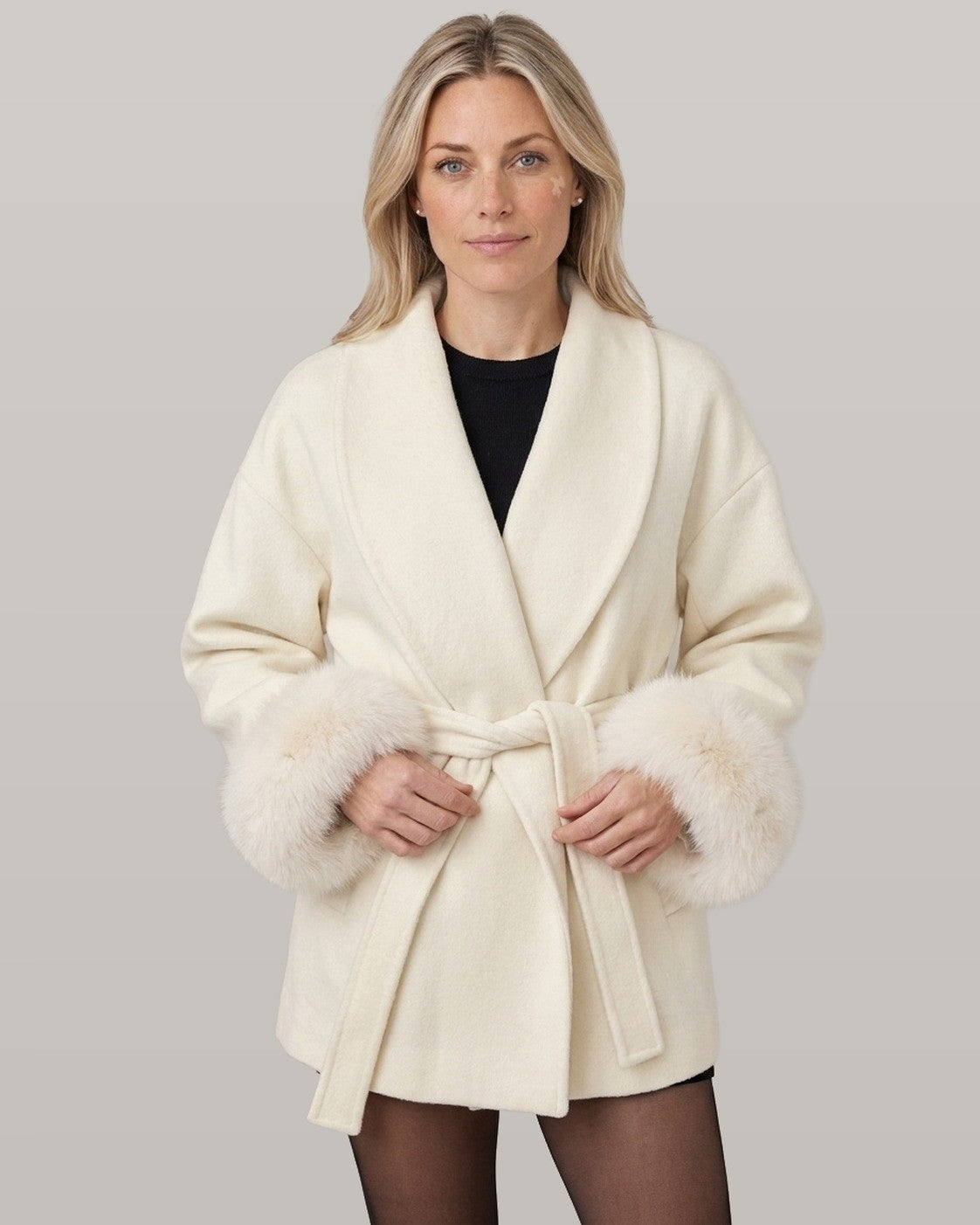 Belted Wrap Coat with Faux Fur Cuffs