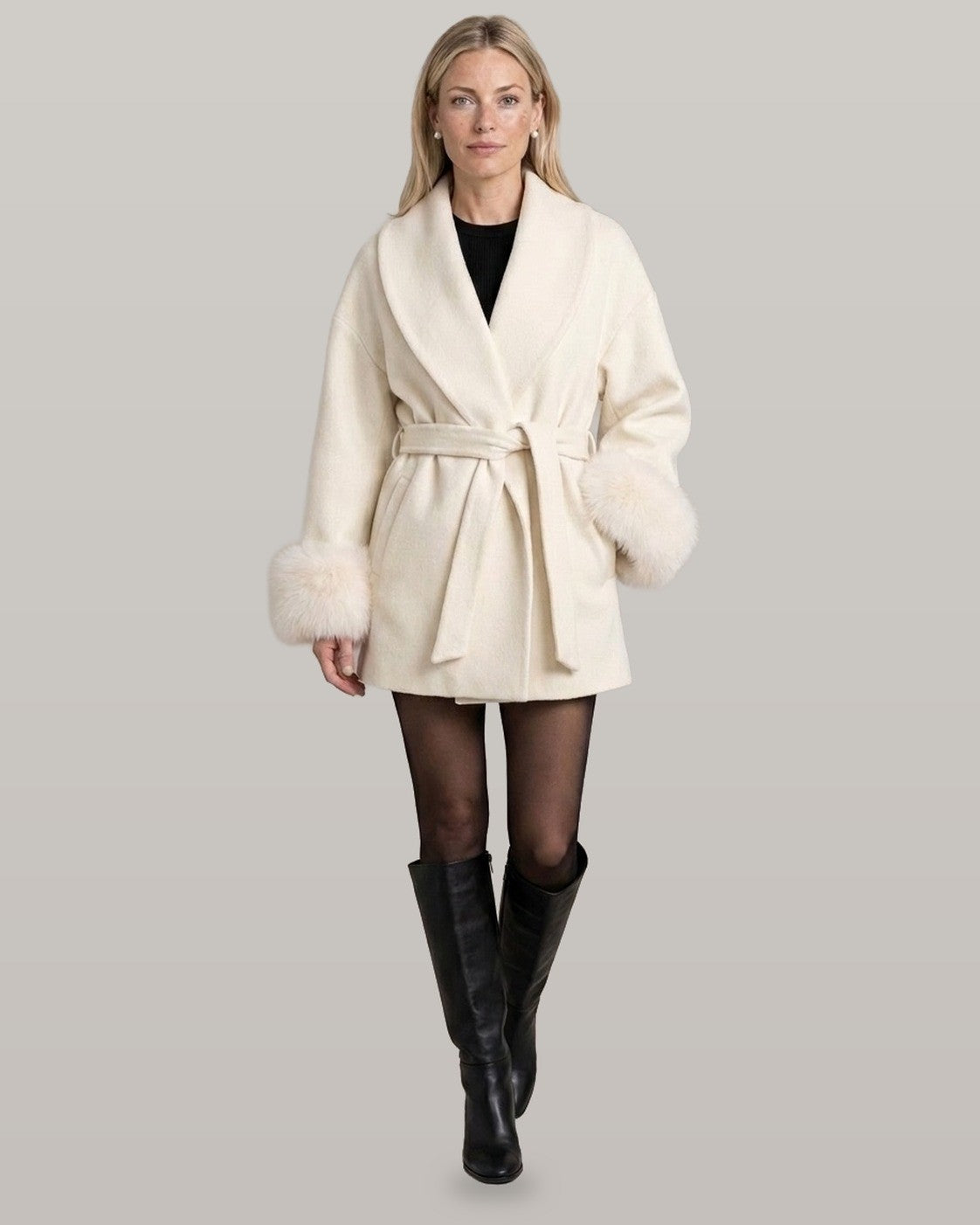 Belted Wrap Coat with Faux Fur Cuffs