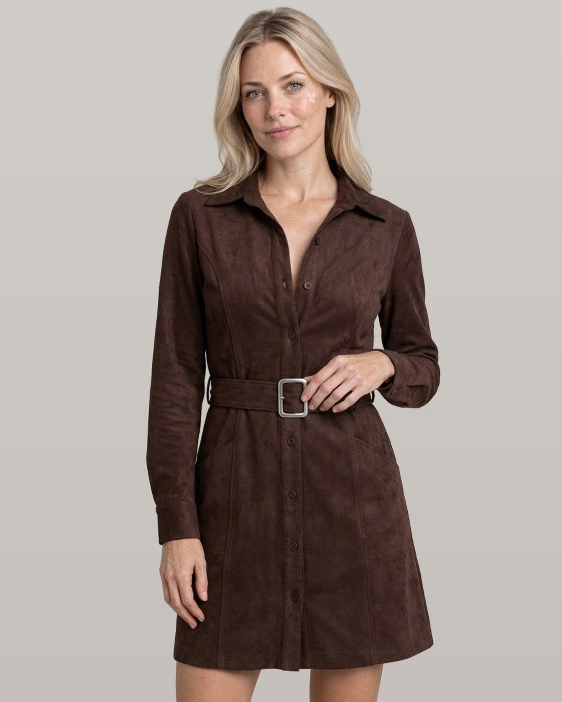 Belted Faux Suede Shirt Dress