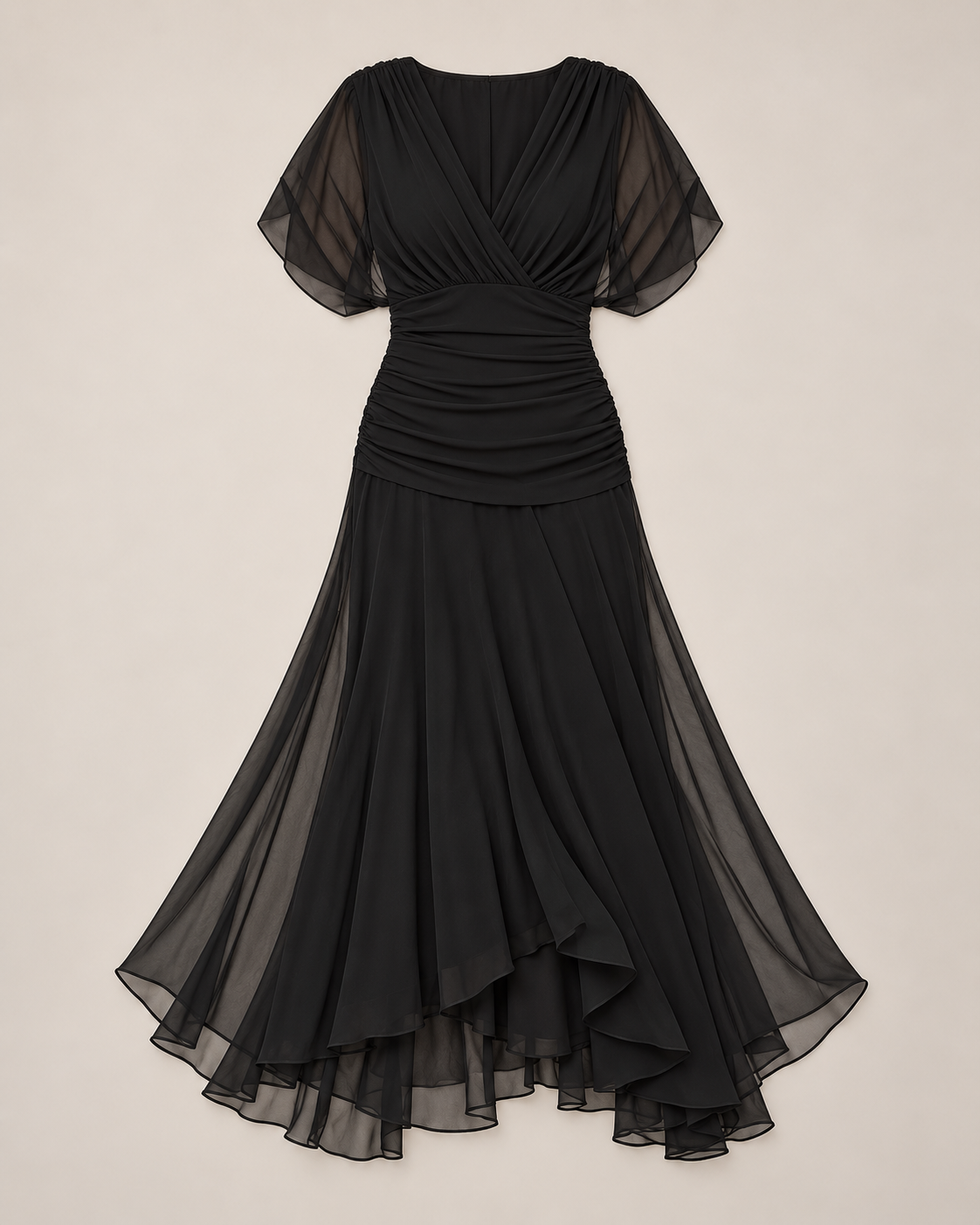 Elegant maxi party dress in black, flat lay