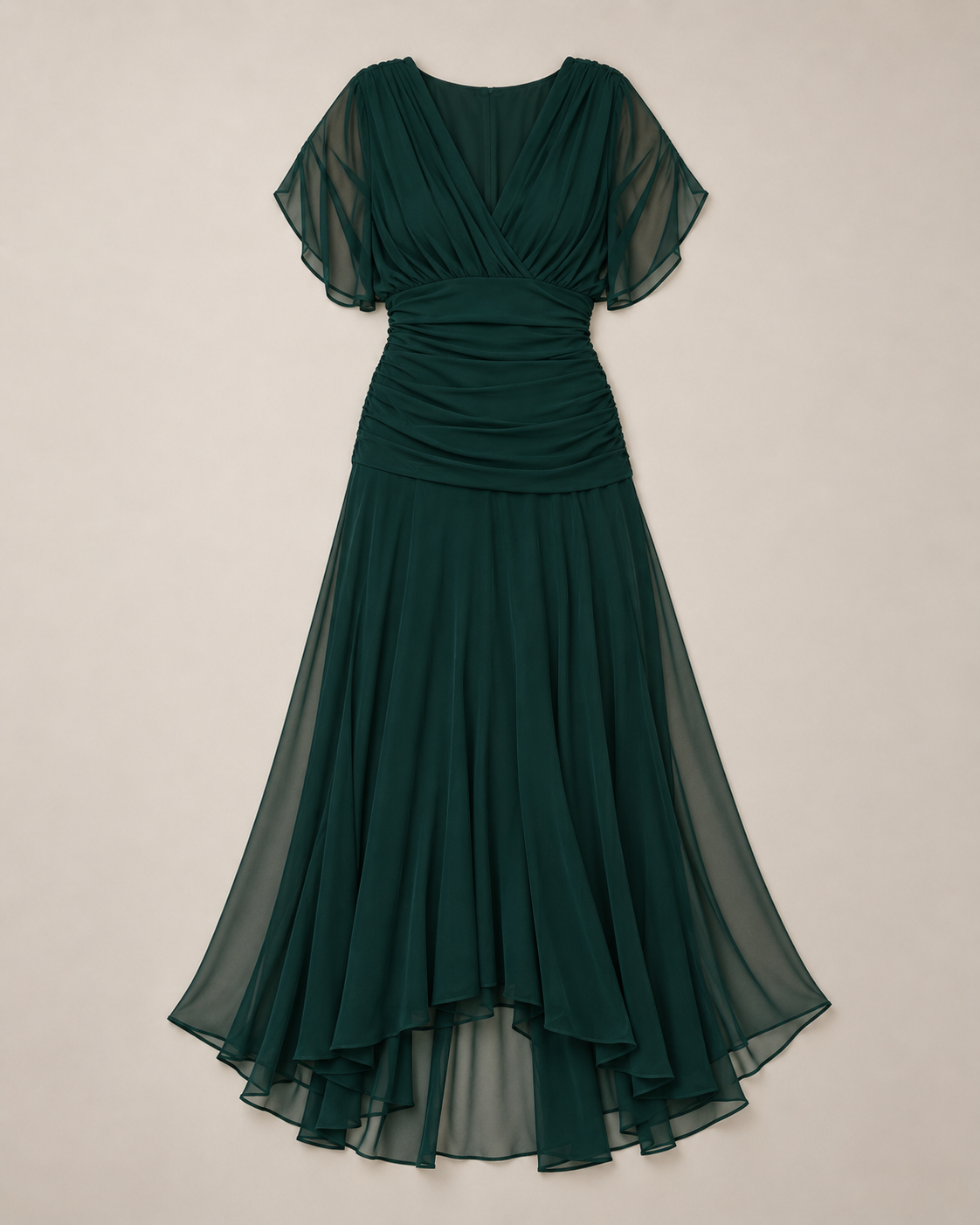 Elegant maxi party dress in dark green, flat lay