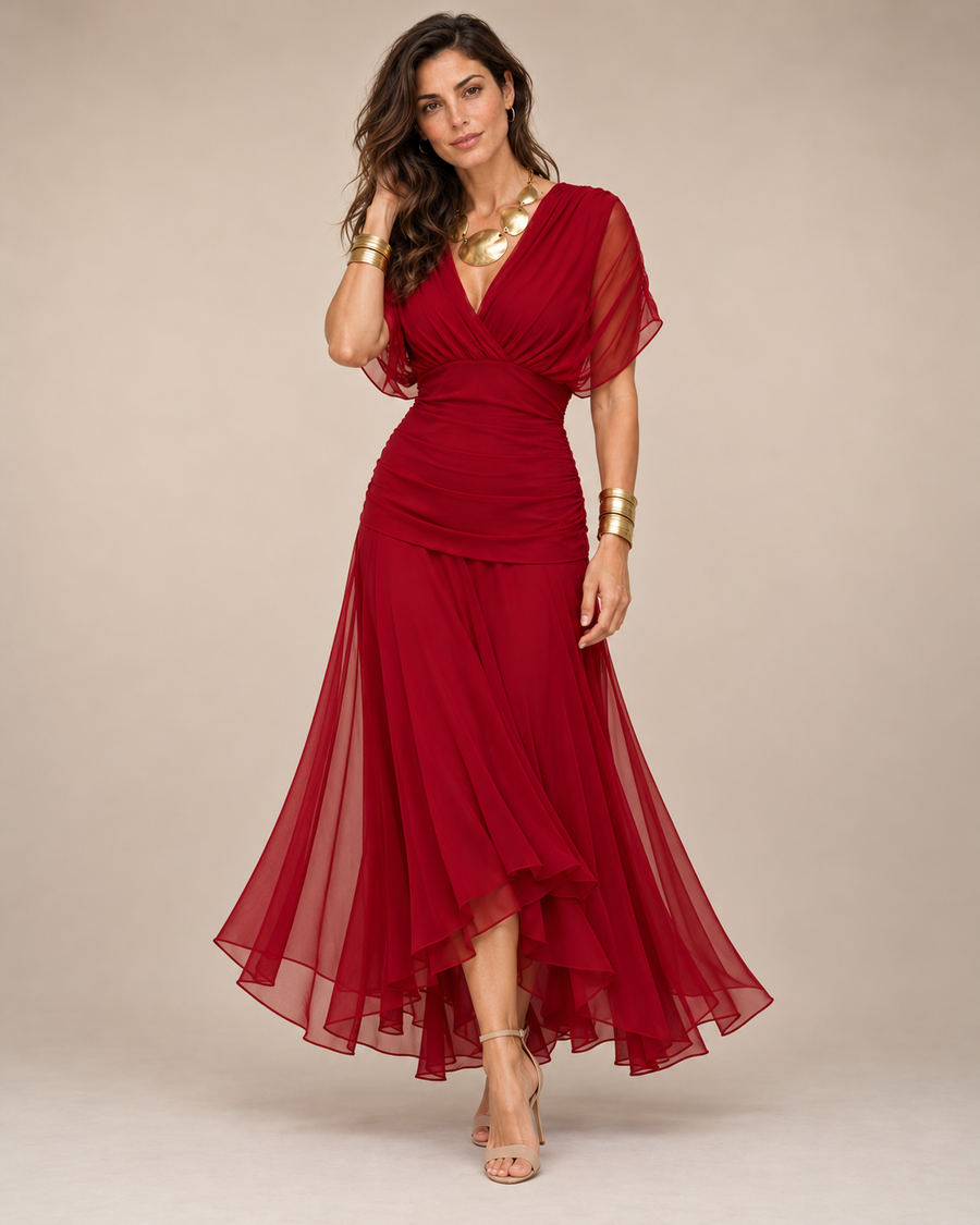 Elegant maxi party dress in venetian red, full-length view