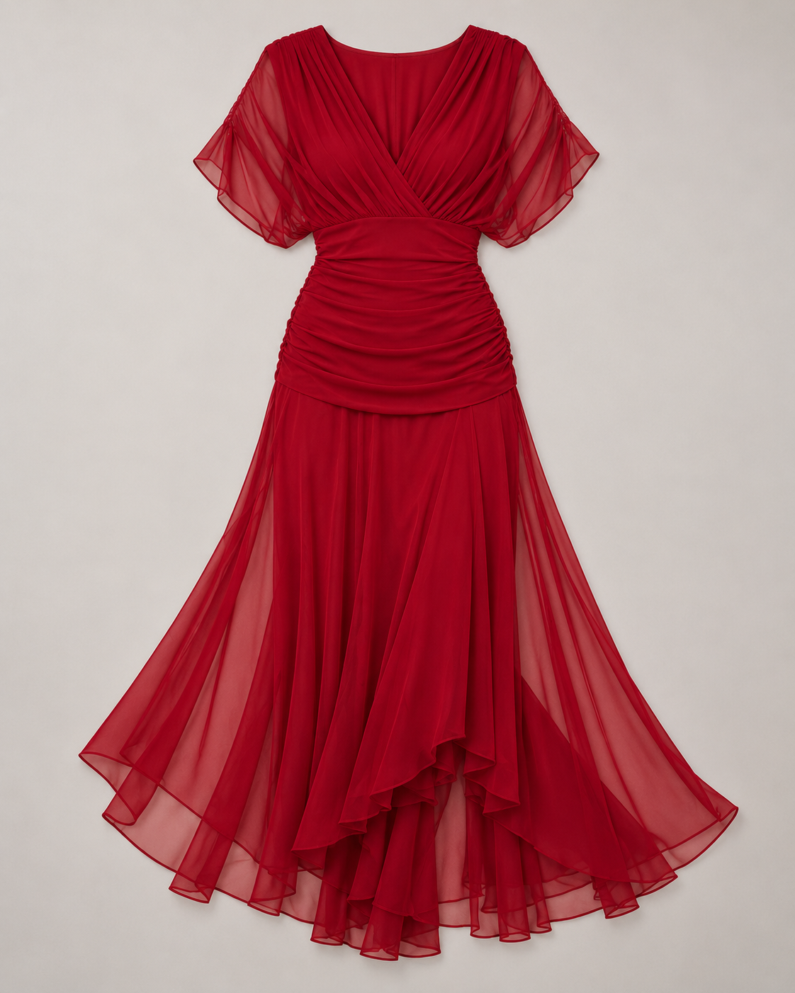Elegant maxi party dress in venetian red, flat lay