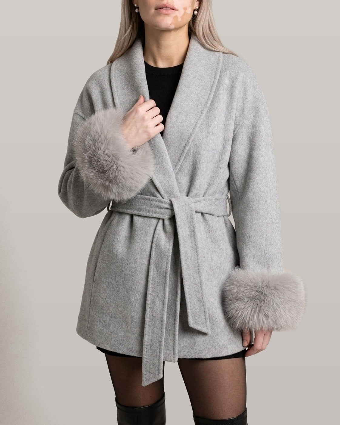 Belted Wrap Coat with Faux Fur Cuffs