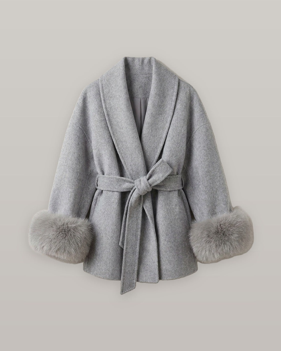 Belted Wrap Coat with Faux Fur Cuffs