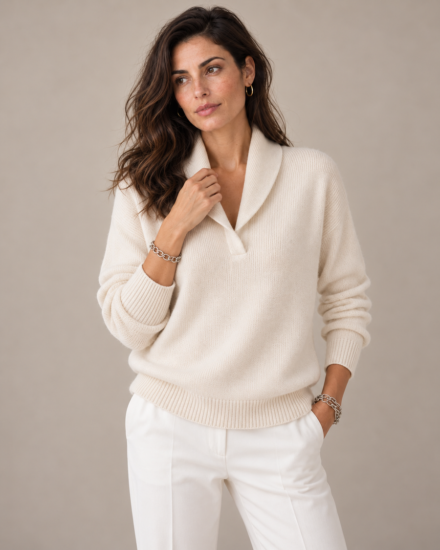 Nella shawl collar V-neck sweater in cream, front view