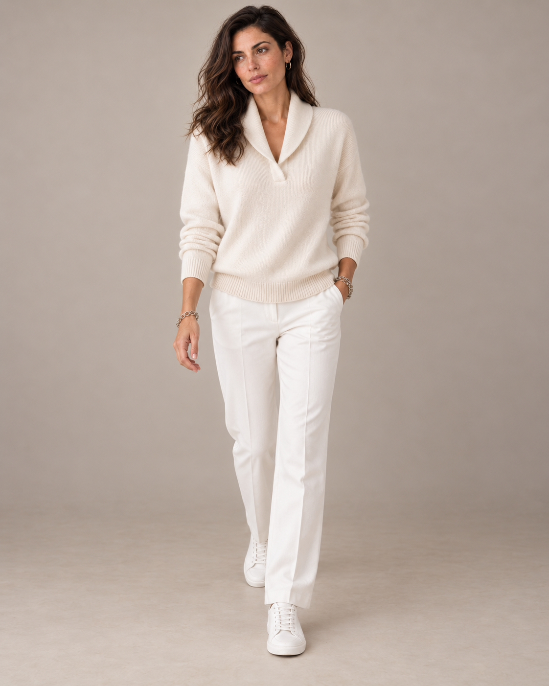 Nella shawl collar V-neck sweater in cream, full-length view
