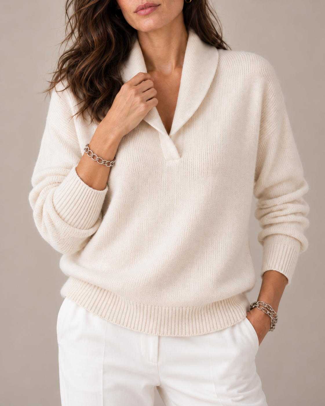 Nella shawl collar V-neck sweater in cream, close-up detail