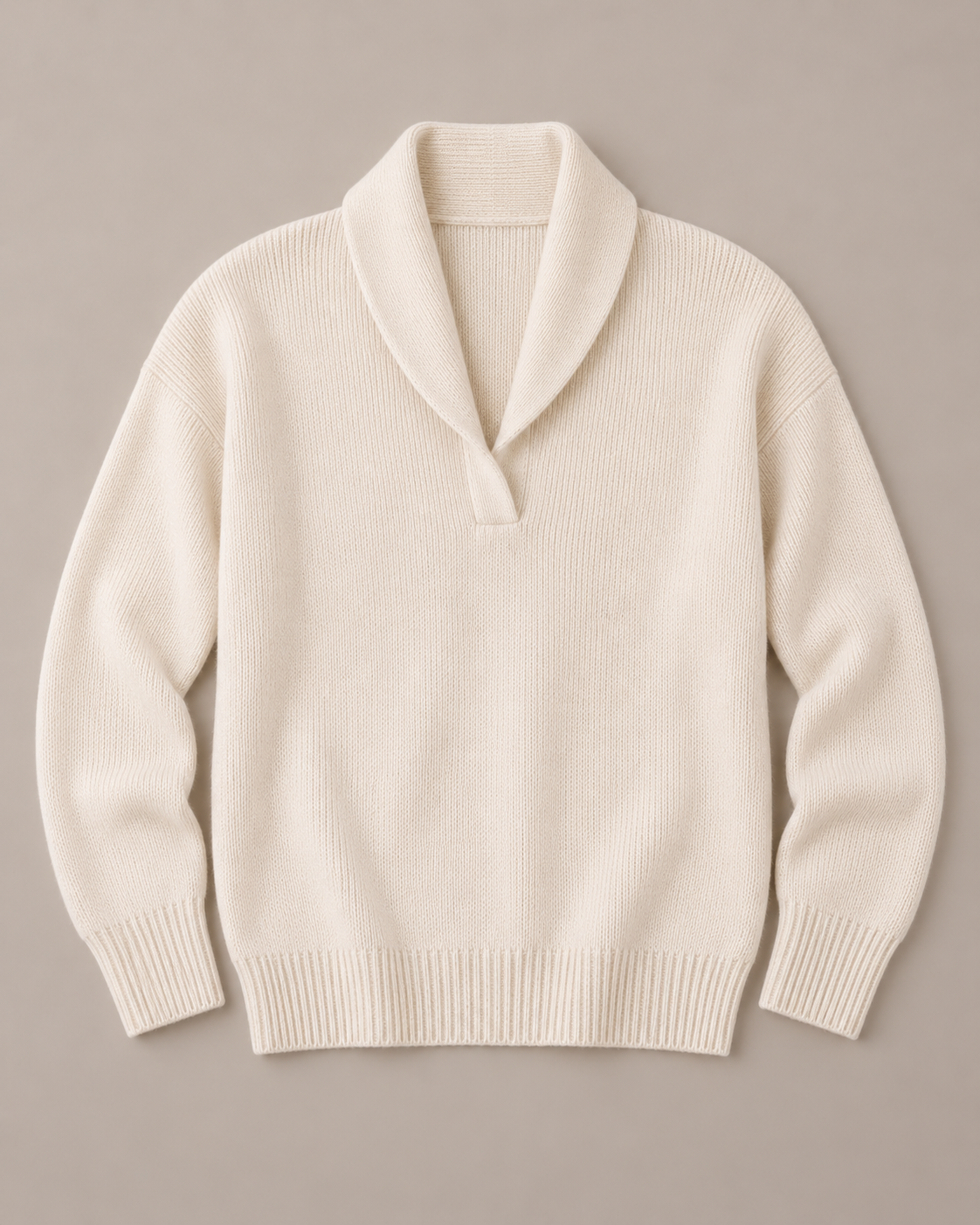 Nella shawl collar V-neck sweater in cream, flat lay