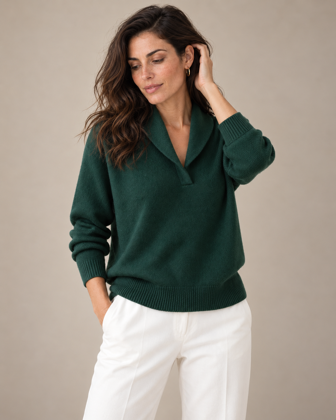 Nella shawl collar V-neck sweater in dark green, front view