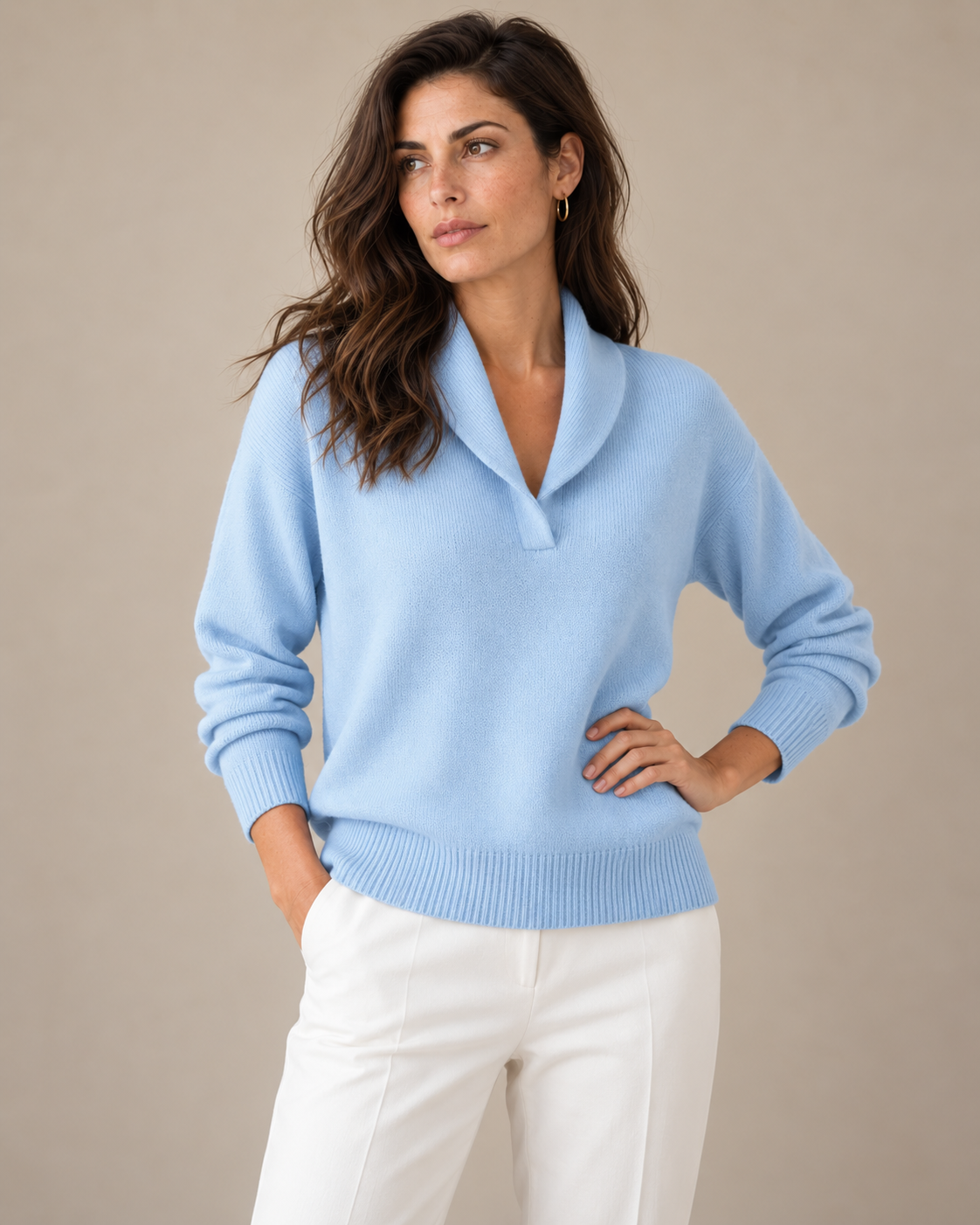 Nella shawl collar V-neck sweater in light blue, front view