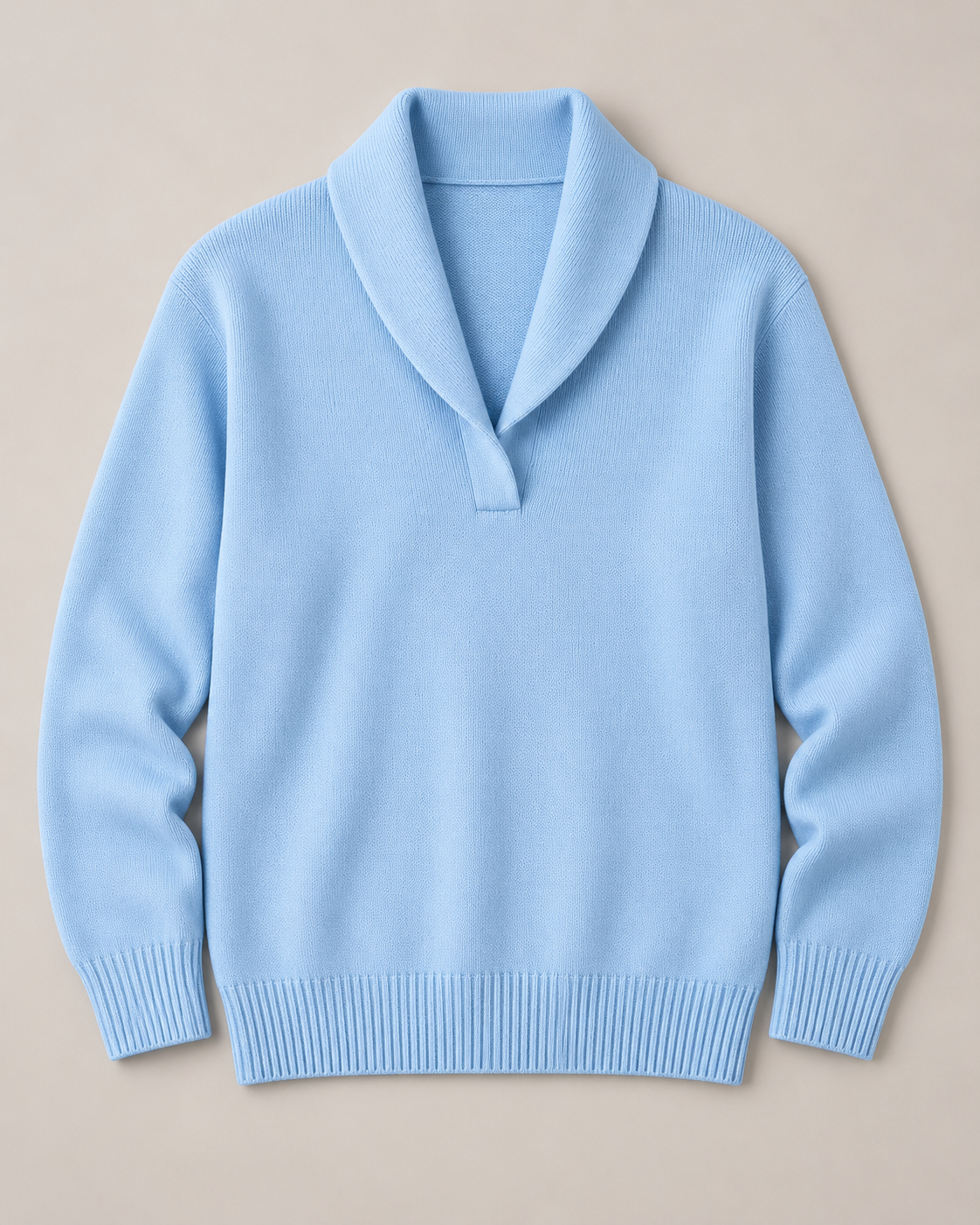 Nella shawl collar V-neck sweater in light blue, flat lay