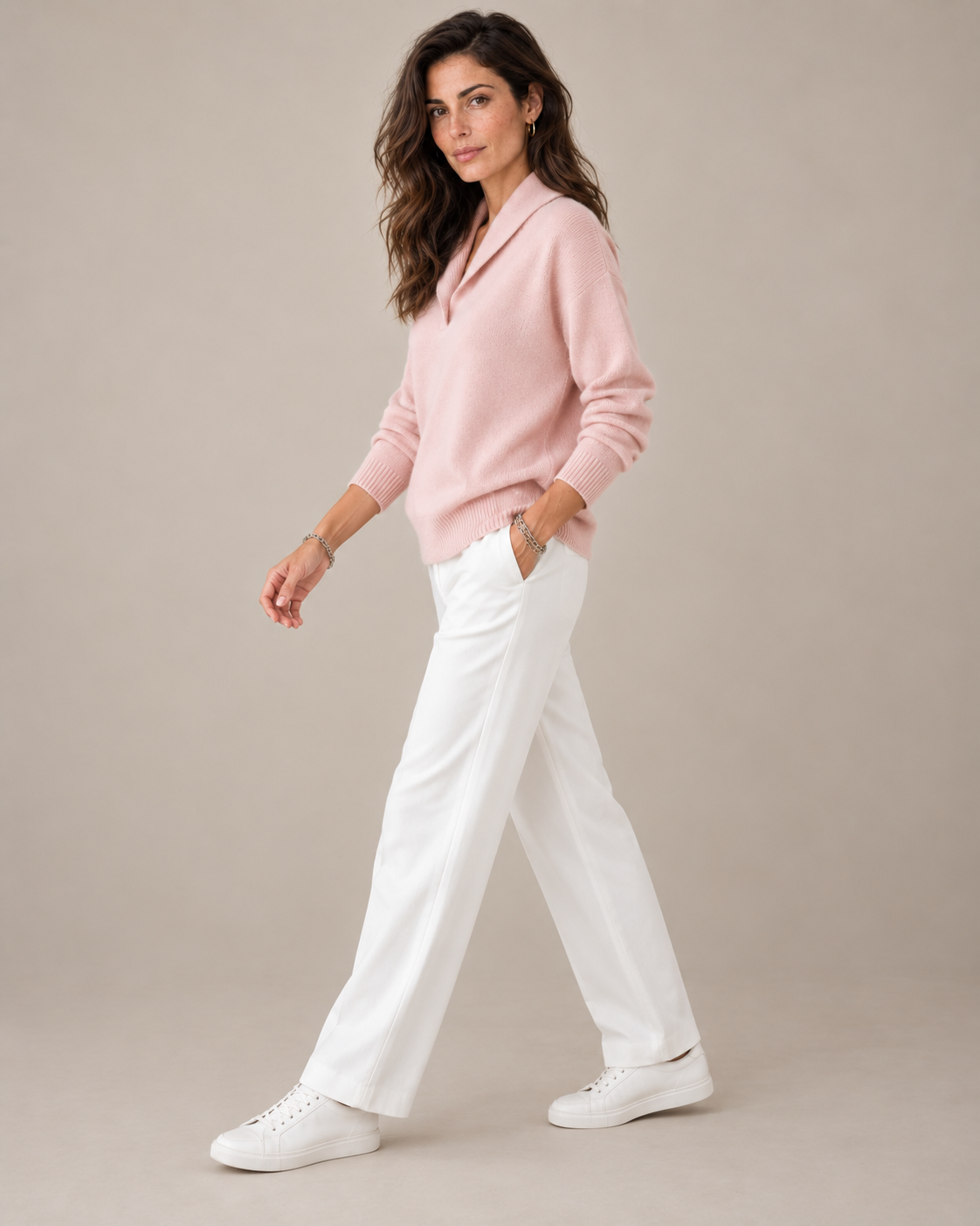 Nella shawl collar V-neck sweater in pink, full-length view