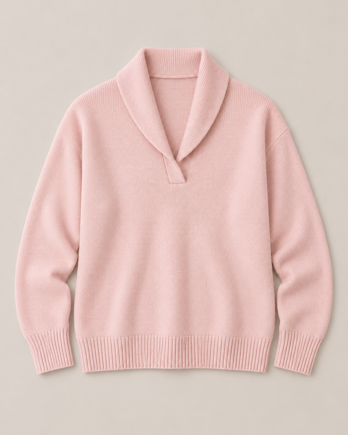 Nella shawl collar V-neck sweater in pink, flat lay