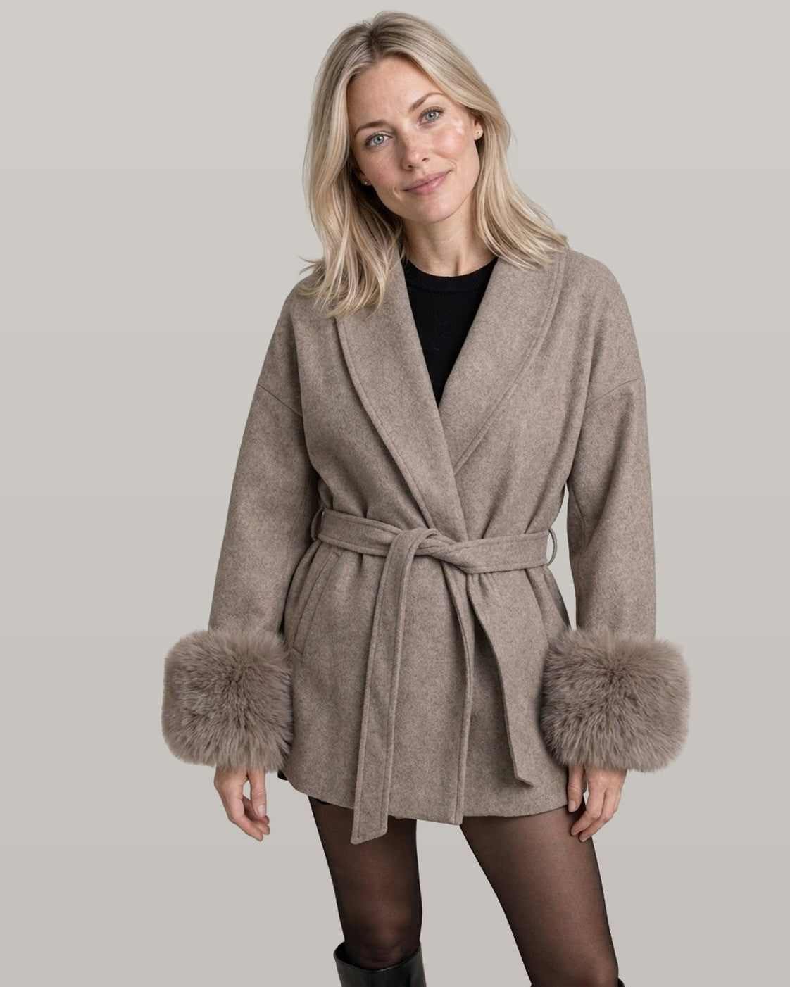 Belted Wrap Coat with Faux Fur Cuffs