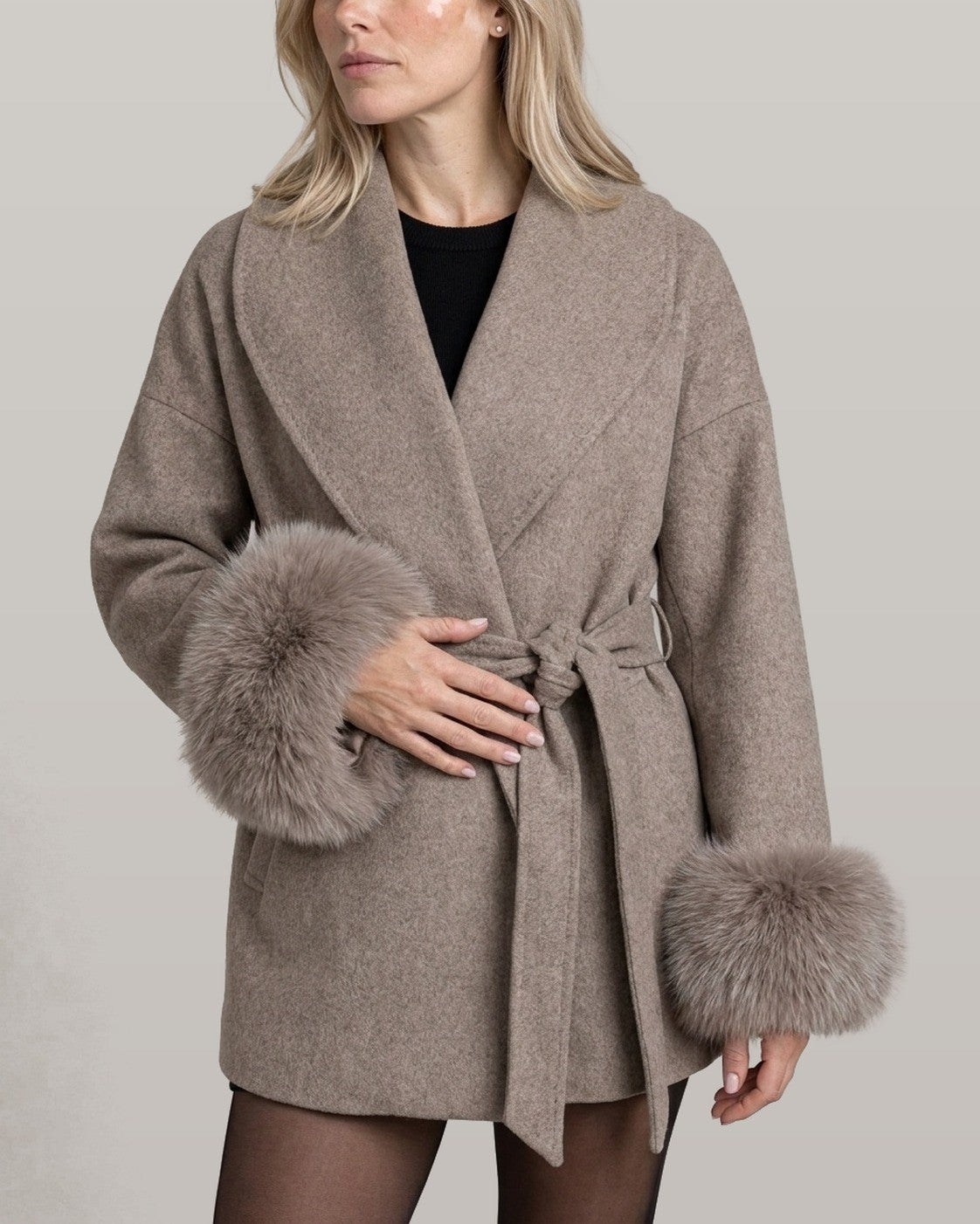 Belted Wrap Coat with Faux Fur Cuffs