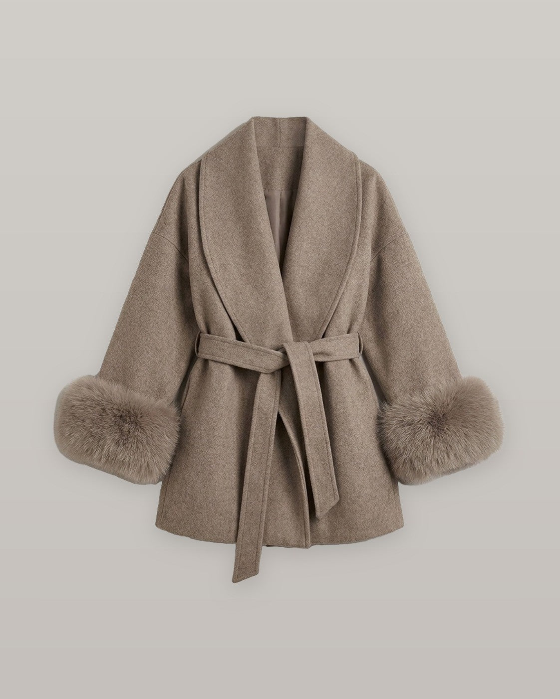 Belted Wrap Coat with Faux Fur Cuffs