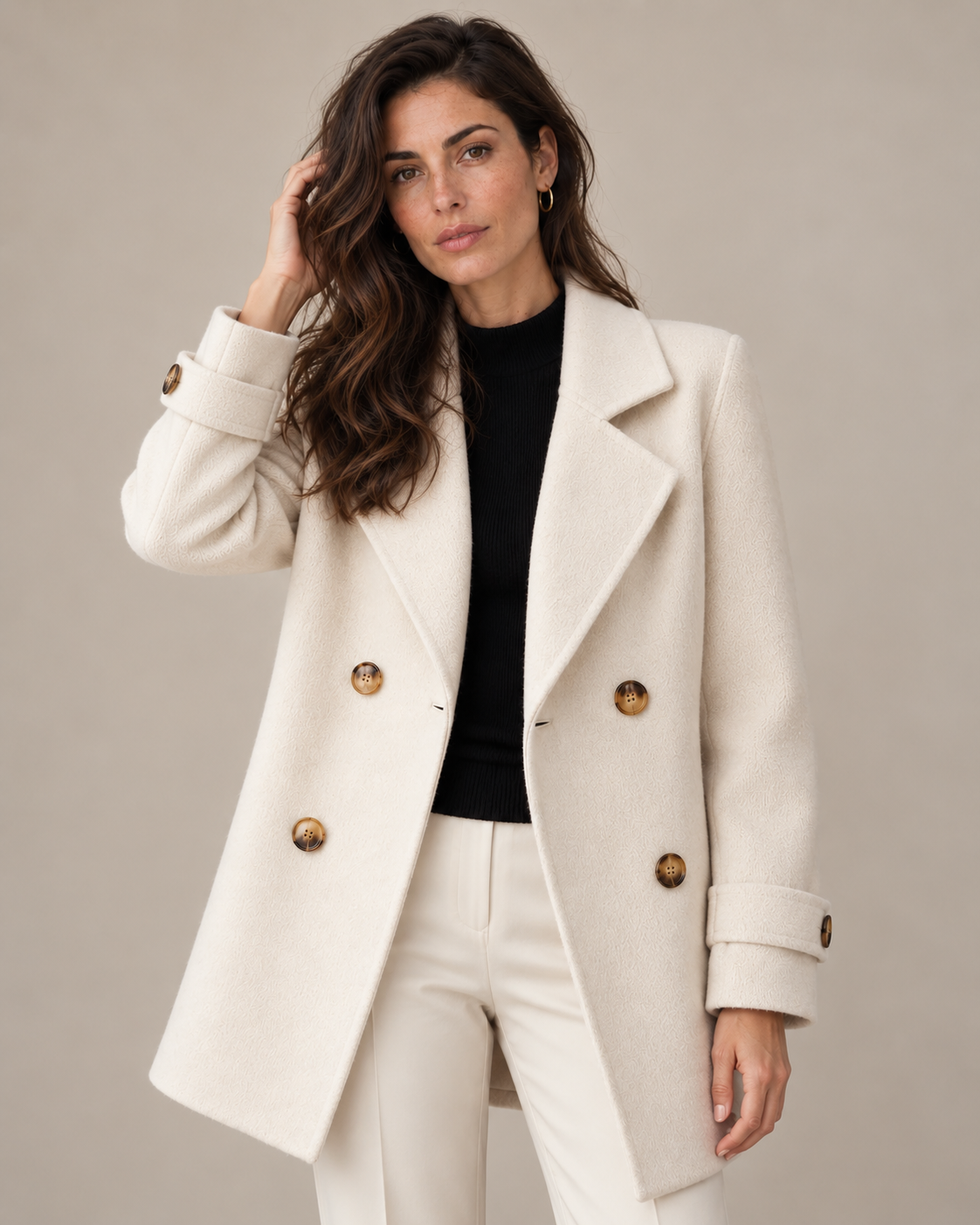 Tiara double-breasted coat in beige, front view