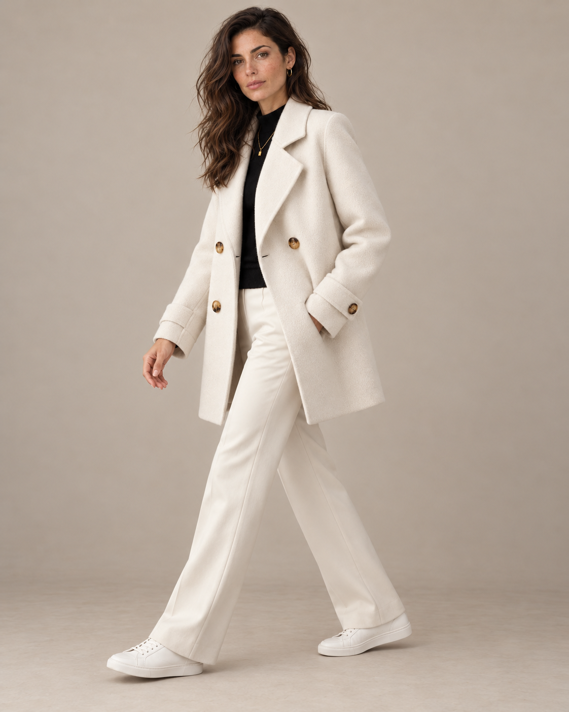 Tiara double-breasted coat in beige, full-length view