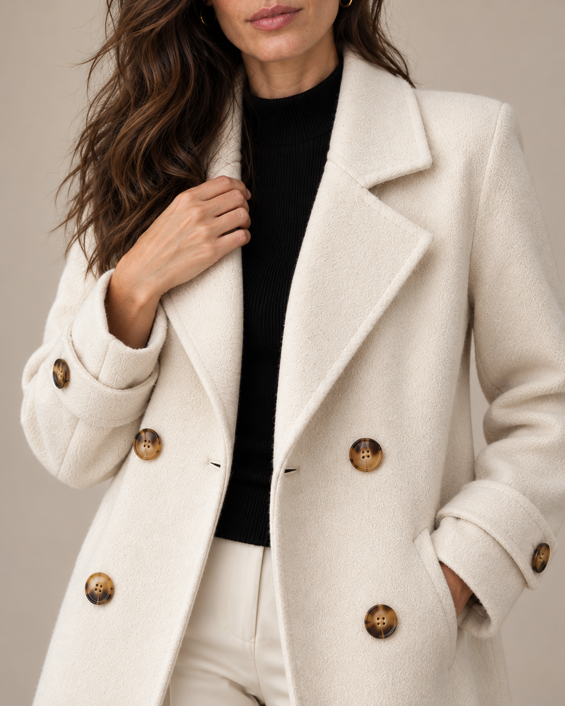 Tiara double-breasted coat in beige, close-up detail