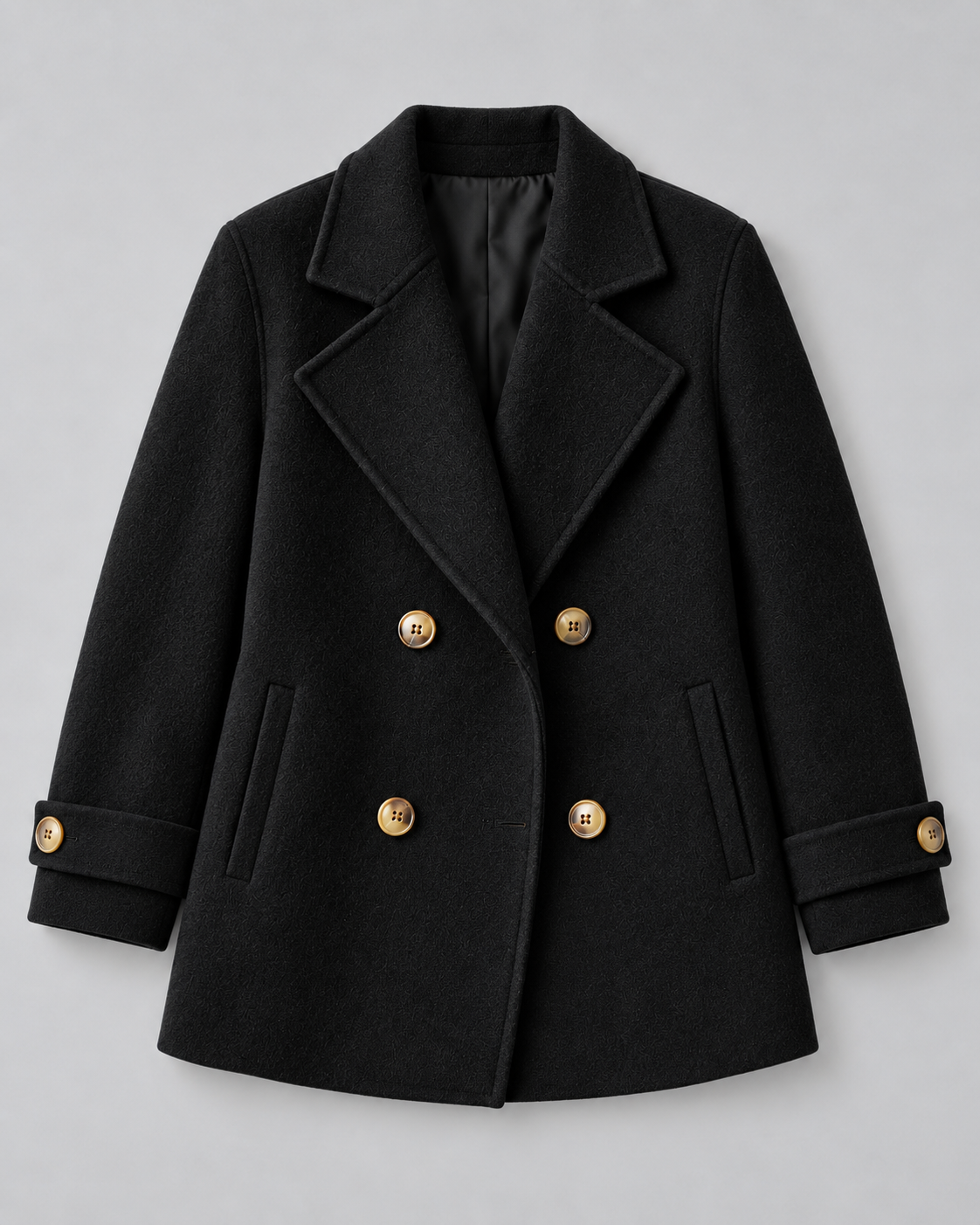 Tiara double-breasted coat in black, flat lay
