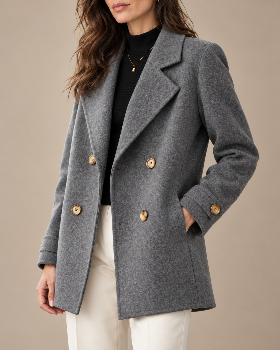 Tiara double-breasted coat in gray, close-up detail