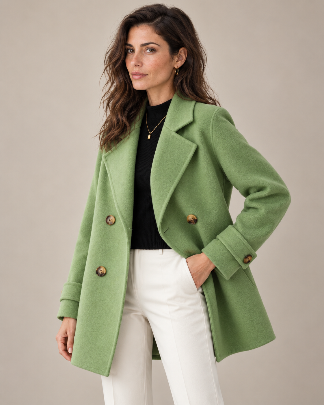 Tiara double-breasted coat in green, front view