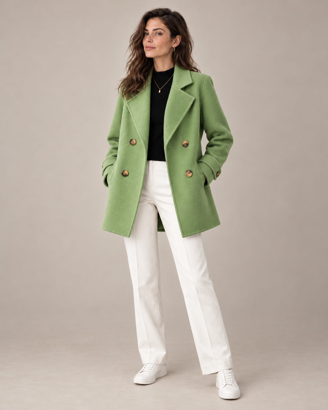 Tiara double-breasted coat in green, full-length view