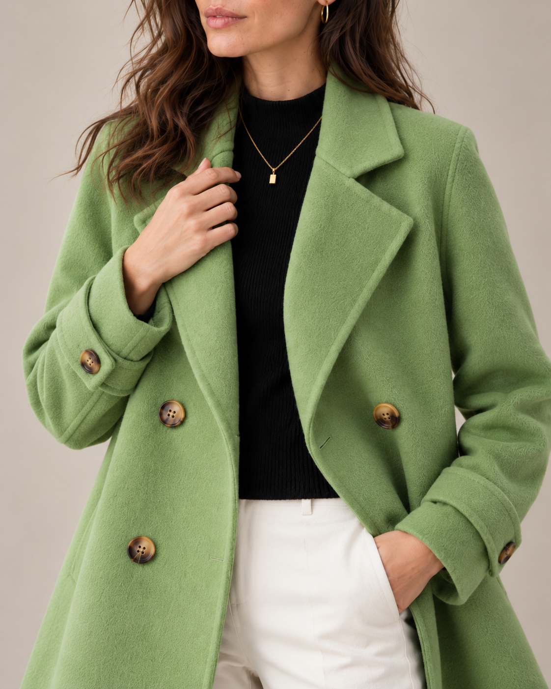 Tiara double-breasted coat in green, close-up detail